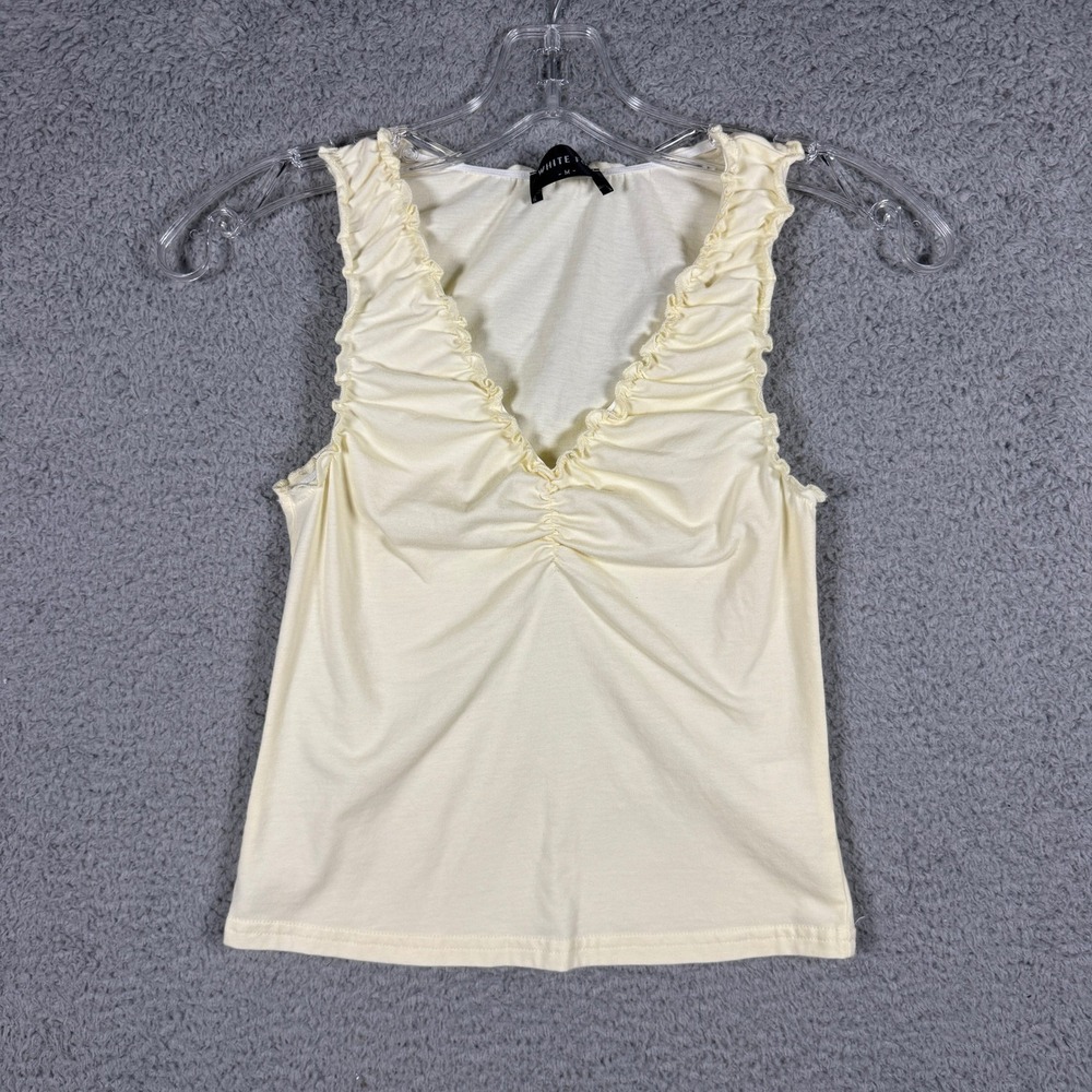 White Fox Boutique Yellow Ruched V-Neck Ruffle Trim‎ Sleeveless Tank Top Medium